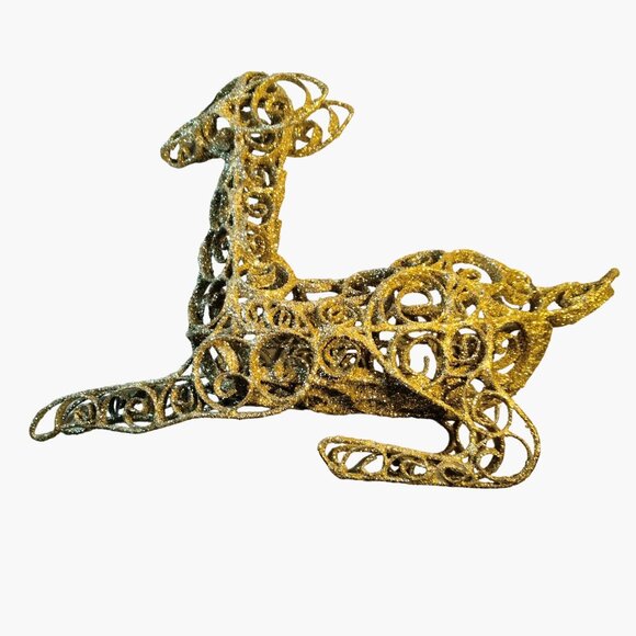 Gold Glitter Wire Reindeer Christmas Centerpiece Holiday Lying Down Figurine - Picture 6 of 9
